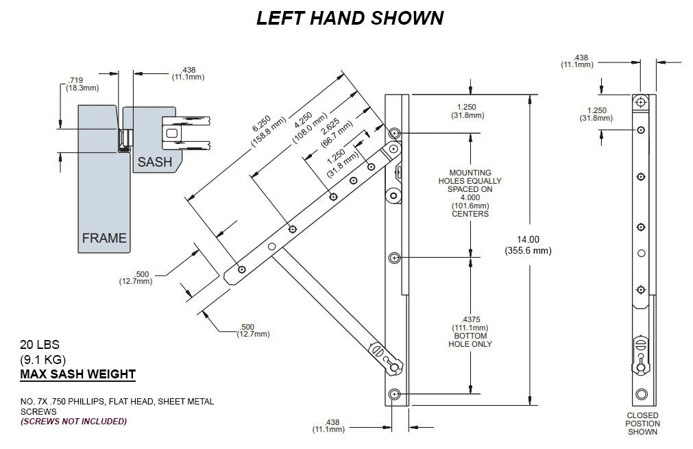 WRS Truth Stainless Steel 14" Left or Right Hand Concealed Awning Hinge - 20 lbs