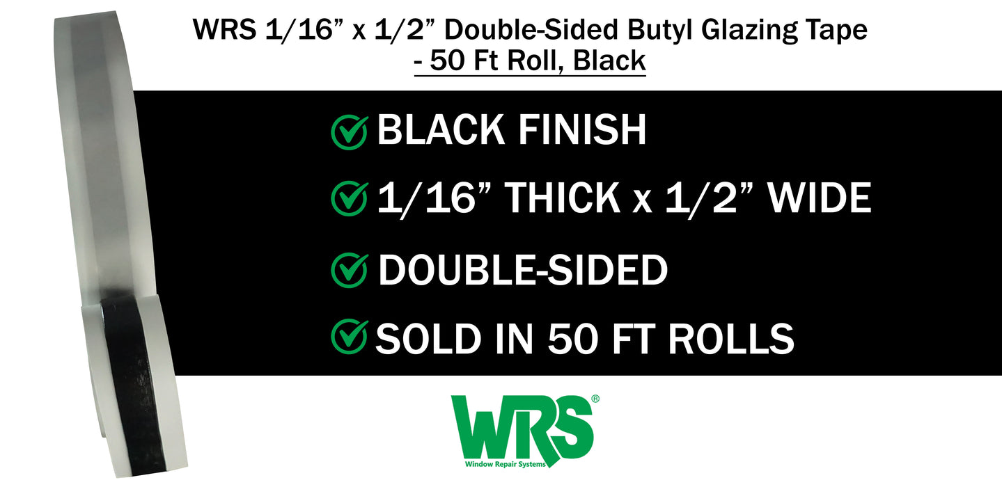 WRS 1/16" x 1/2" Double Sided Glazing Tape/Butyl Tape - 50 Ft Roll, Black