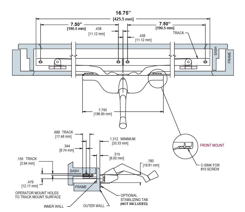 WRS Truth Hardware 16.75" Front Mounted Pivot Shoe Operator - Aluminum