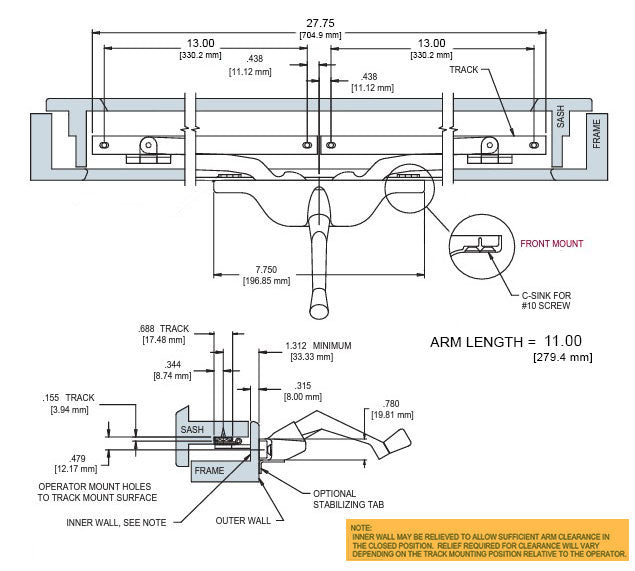 WRS Truth 11" Front Mounted Pivot Shoe Awning Operator - Chestnut Bronze