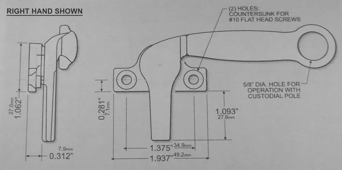 WRS White Bronze 1.375" Pole Operated Project-Out Cam Handle - Left or Right Hand