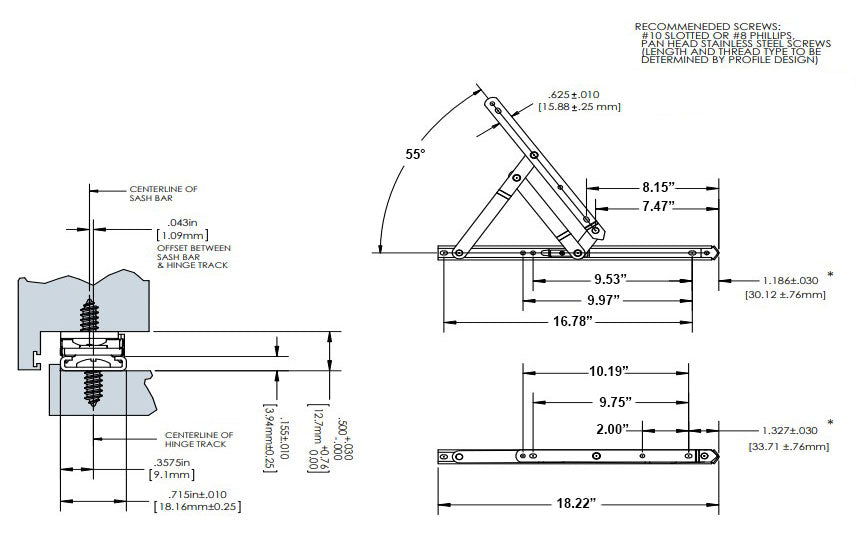 WRS Truth Hardware 18" Stainless Steel Standard Duty 4 Bar Hinge with Stop