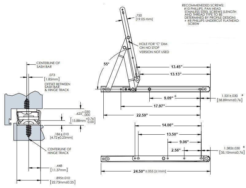 WRS 24" Stainless Steel Heavy Duty 4-Bar Hinge - No Stop